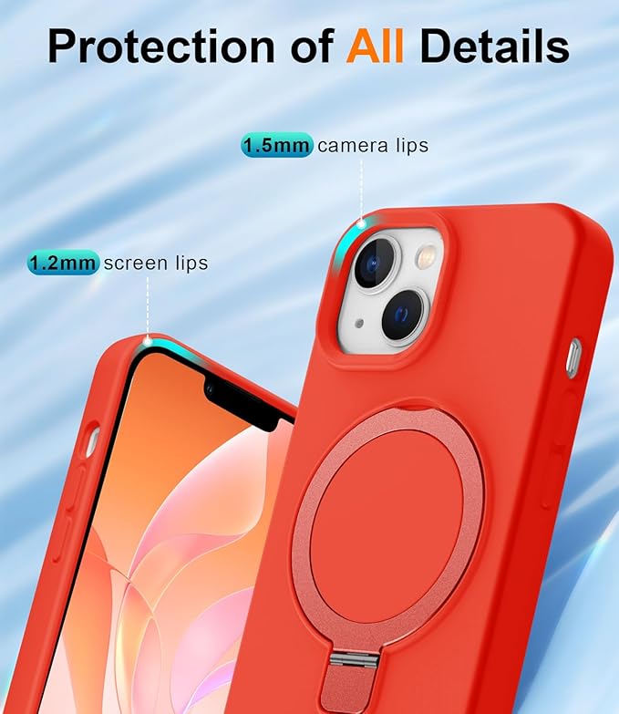 ZHK Liquid Silicone Designed for iPhone 15 Case with Magnet Stand, [Mil-Grade Drop Shockproof][Soft Anti-Scratch Microfiber Lining] Slim Fit Cover, Red