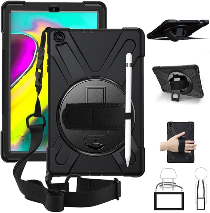 DreamerX for Samsung Galaxy Tab S5e Case 10.5 inch 2019 SM-T720/T725/T727, Shockproof Kids Drop Protective Cover w/ 360 Rotating Hand Strap Multi Stand Angles Carrying Shoulder Strap Pen Holder, Black