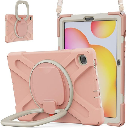360 Rotation Case for Samsung Galaxy Tab S6 Lite 10.4" Sturdy Cover Rotate Ring Stand Shoulder Carrying Strap Hand Strap Rugged Children Adults Outdoor Case (Pink)