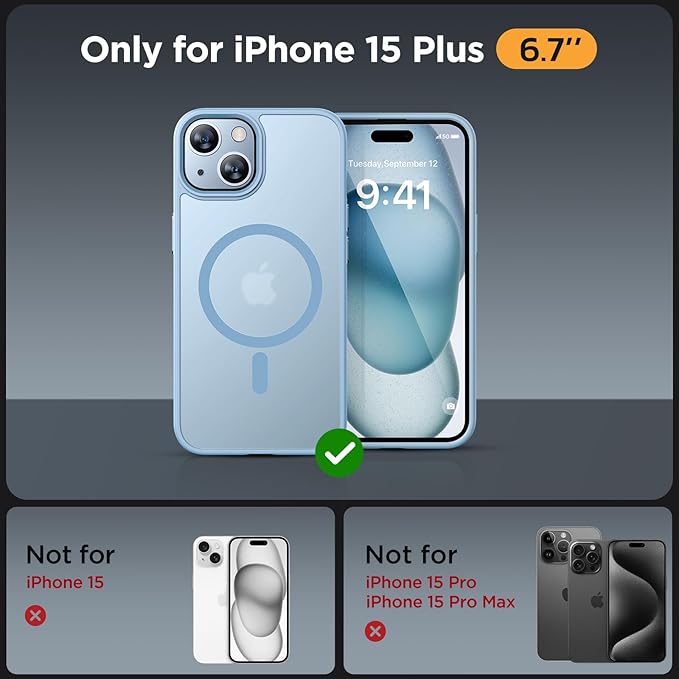 Miracase Magnetic for iPhone 15 Plus Case 6.7 inch (Compatible with MagSafe)（with 2X Screen Protectors） Military-Grade Protection, Anti-Fingerprint Translucent Matte Phone Cover, Light Blue