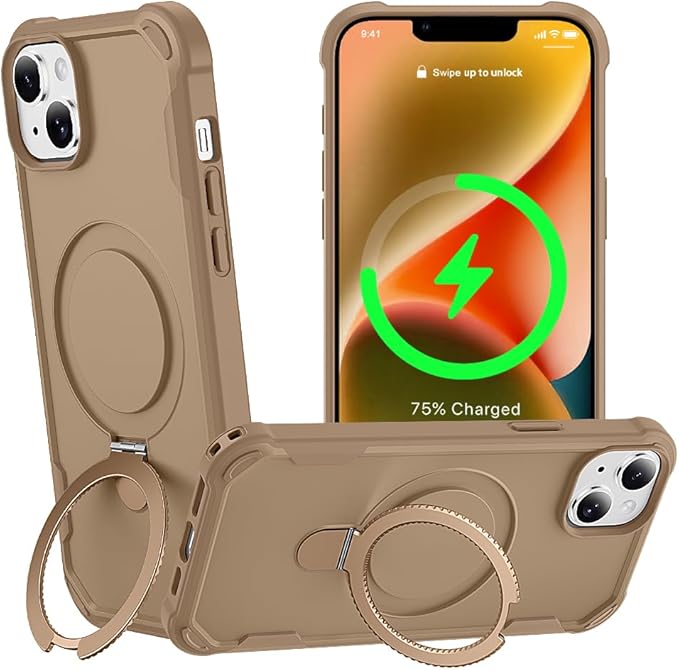 Designed for iPhone 14 Plus Case with Magnetic Stand [Military Drop Protection][Compatible with Magnet] Shockproof 14 Plus Phone Case with Ring Holder, Khaki