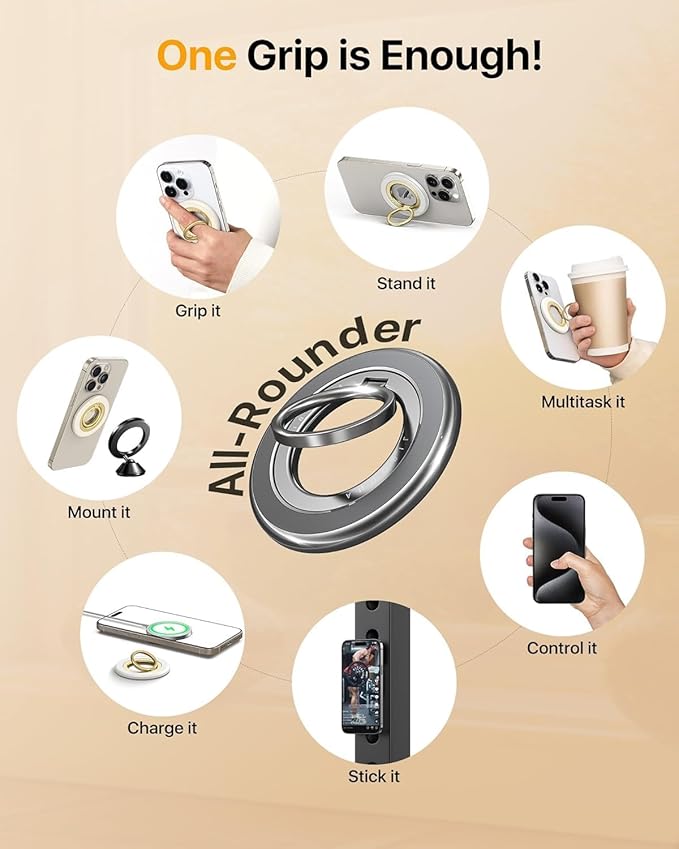 andobil 2025 3rd Gen Magnetic Phone Grip for MagSafe [360° Rotatable & Ultra-Stable] Two-Sided Magnet Cell Phone Ring Holder Compatible with MagSafe Accessories, iPhone 17 Air 16 15 14 13 12 Pro Max