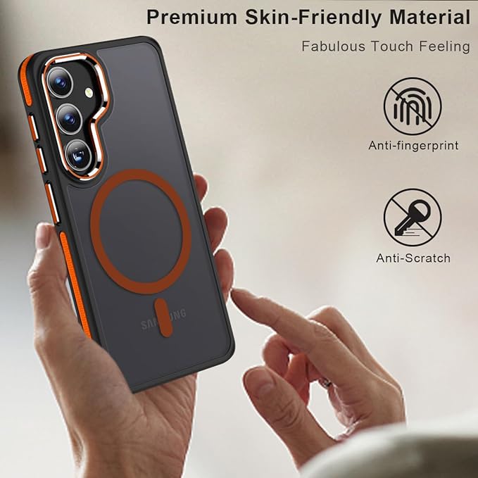 Magnetic Designed for Samsung Galaxy S24 Case 6.2" Compatible with MagSafe, Anti-Slip Edge Military Grade Drop Tested Hard Back Protective Translucent Case for Samsung S24 Case (Black/Orange)