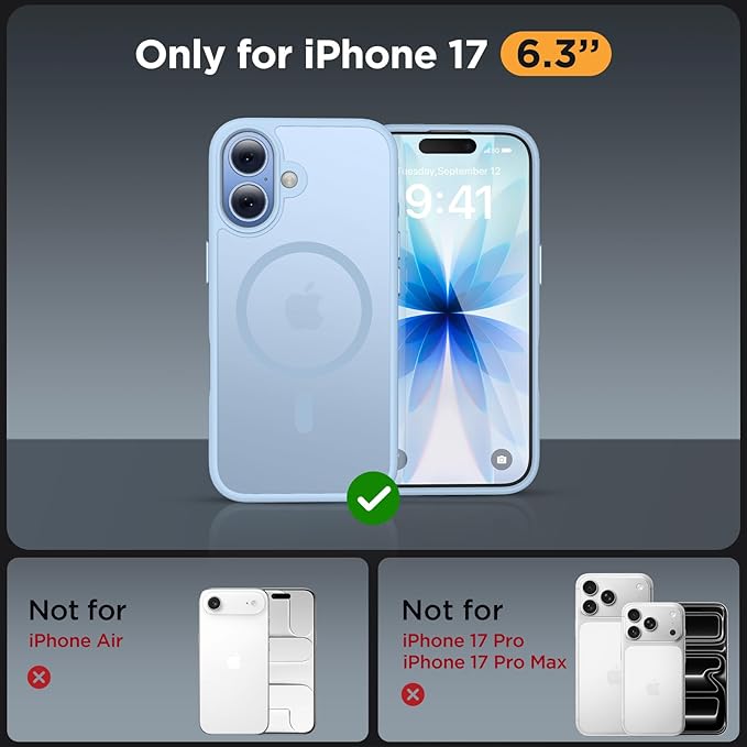 Miracase Magnetic for iPhone 17 Case (Compatible with MagSafe) with Screen Protector Military-Grade Protection, Anti-Fingerprint Translucent Matte Phone Cover for iPhone 17 6.3 inch, Light Blue