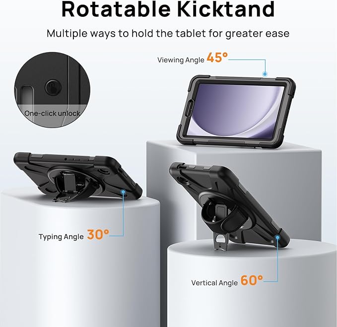 Gerutek Case for Samsung Galaxy Tab A9 Case 8.7" 2023, Full-Body Drop Protection Shockproof Cover with Screen Protector, 360° Rotating Stand, Hand/Shoulder Strap, Pencil Holder, Black