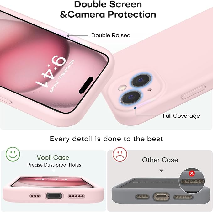 Vooii Compatible with iPhone 15 Case, Upgrade Defender Liquid Silicone, [Enhanced Camera Protection] [Soft Anti-Scratch Microfiber Lining] Shockproof Phone Case for iPhone 15 6.1 inch - Chalk Pink