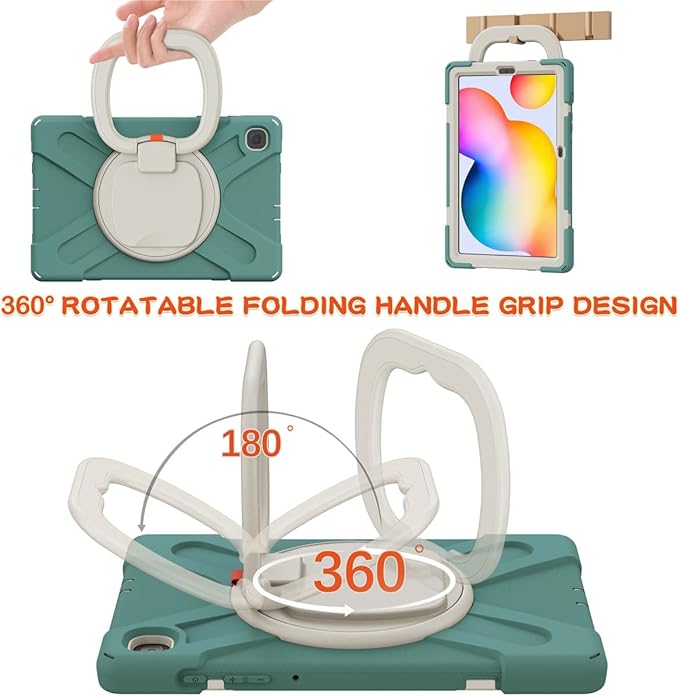 360 Rotation Case for Samsung Galaxy Tab S6 Lite 10.4" Sturdy Cover Rotate Ring Stand Shoulder Carrying Strap Hand Strap Rugged Children Adults Outdoor Case (DarkGreen)