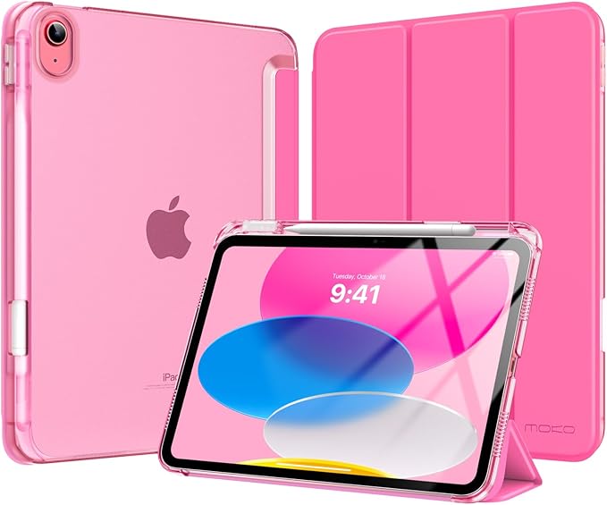 MoKo for iPad (A16) 11th Generation Case 11 Inch 2025, iPad 10th Gen Case 10.9 Inch 2022 with Pencil Holder, Slim Light Trifold Protective Cover with Hard PC Translucent Back Shell, Persian Pink