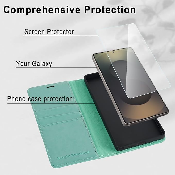 MONASAY Wallet Case Fit for Samsung Galaxy S25 Ultra 6.9 inch, [Lens & Glass Screen Protector Included] [RFID Blocking] Flip Folio Leather Cell Phone Cover with Credit Card Holder, Mint