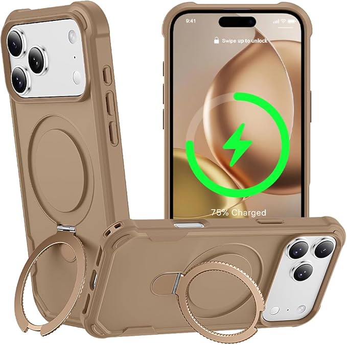 Designed for iPhone 17 Pro Max Case with Magnetic Stand [Military Drop Protection][Compatible with Magnet] Shockproof 17 Pro Max Phone Case with Ring Holder, Khaki