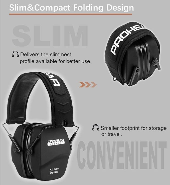PROHEAR 016-GEP02 Shooting Ear Protection Safety Muffs with Gel Ear Seals with groove, NRR 26dB Noise Reduction Slim Low Profile Passive Earmuffs, Folding Hearing Protector for Airsoft, Hunting