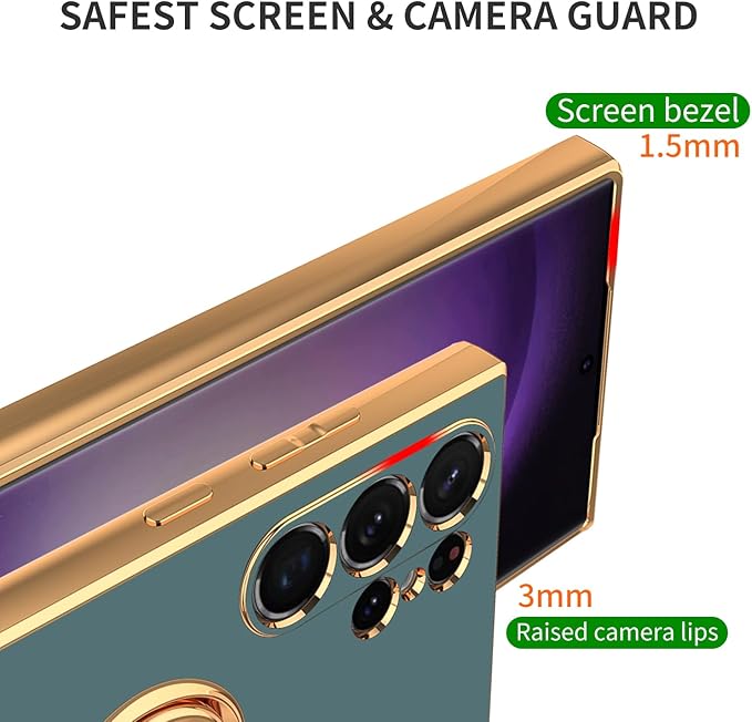 Dinick Gray for Samsung Galaxy S24 Ultra Case with Ring Holder Kickstand [with Magnetic] Soft TPU Bumper, Glitter Gold Electroplated Cover Slim Thin Protective Phone Case for Galaxy S24 Ultra