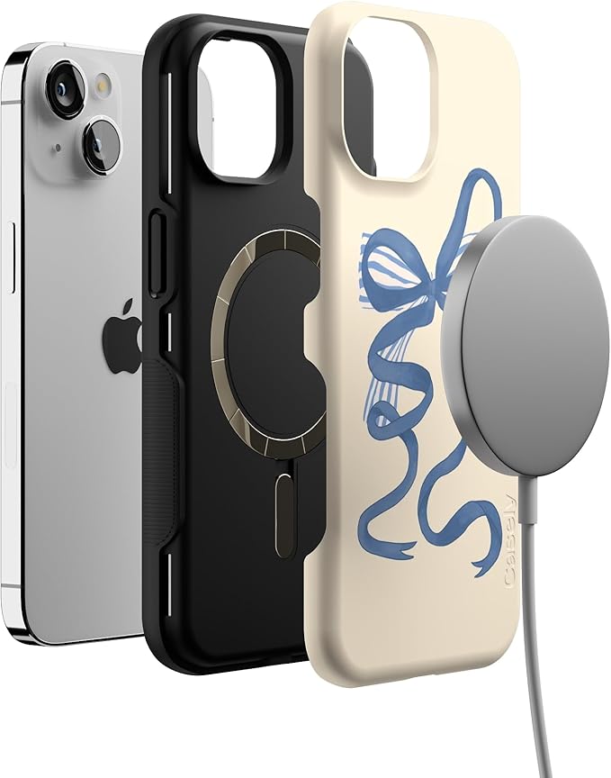 Casely iPhone 14 Case | Heartstrings | Blue Bow | Compatible with MagSafe | Bold Protective Design