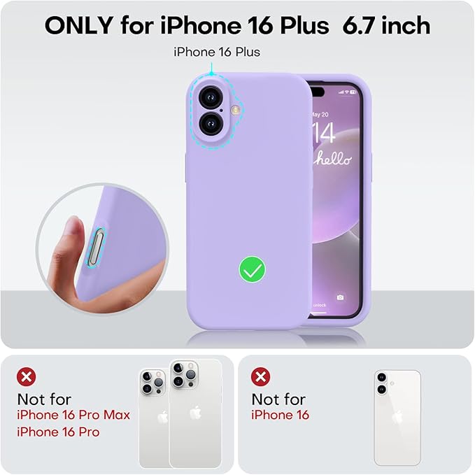 Vooii Compatible with iPhone 16 Plus Case, Liquid Silicone Upgrade [Camera Protection] [Soft Anti-Scratch Microfiber Lining] Shockproof Phone Case for iPhone 16 Plus 6.7 inch - Light Purple