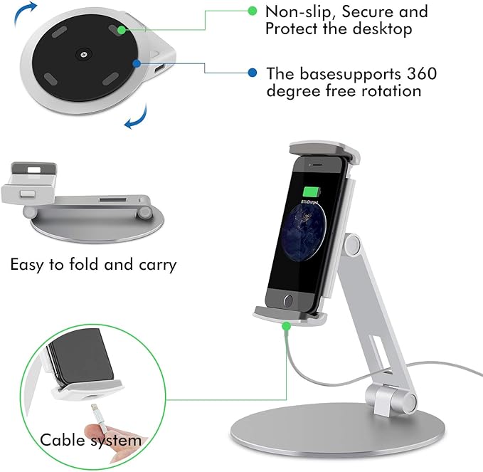 Viozon Tablet Stand and Holders with Adjustable Range and Height Aluminum Stand Compatible with iPad/iPad pro/ipad Mini/Cellphone/Kindle Desk Holder fits 3.5-13inches, 360° Swivel Adjustable Base