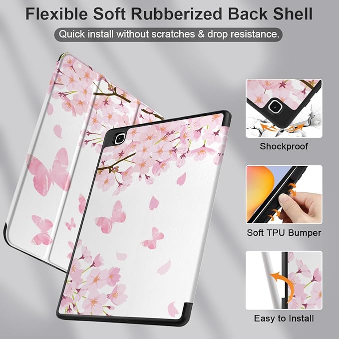 DONGKE Case for Samsung Galaxy Tab S6 Lite 10.4 Inch 2024/2022/2020, Trifold Stand + S Pen Holder + Auto Wake/Sleep + Soft TPU Protective Stand Back Cover, Flower Blossoms