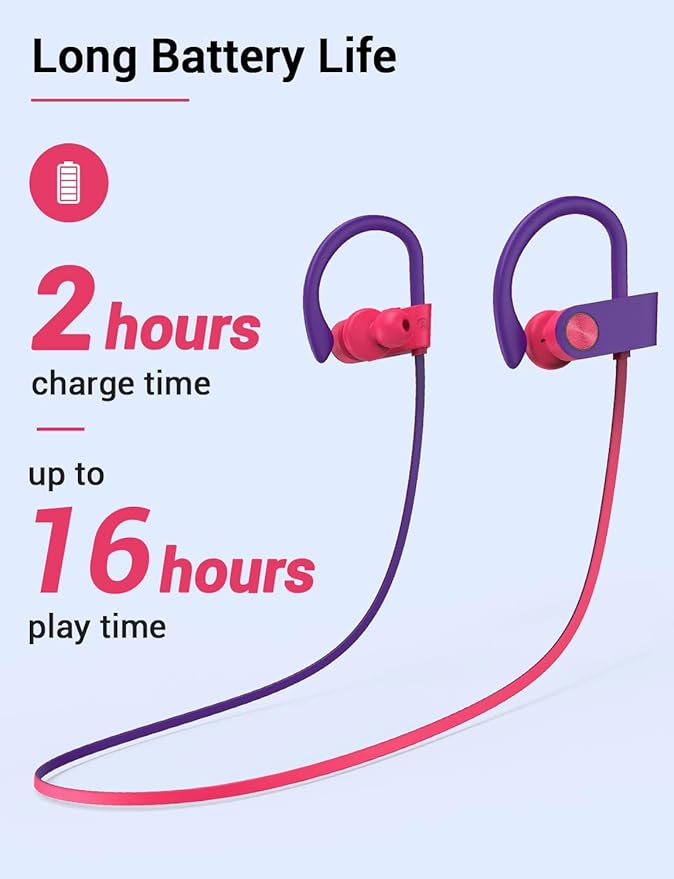 Stiive Bluetooth Headphones, 5.3 Wireless Sports Earbuds IPX7 Waterproof with Mic, Stereo Sweatproof in-Ear Earphones, Noise Cancelling Headsets for Gym Running Workout, 16 Hours Playtime - RedPurple