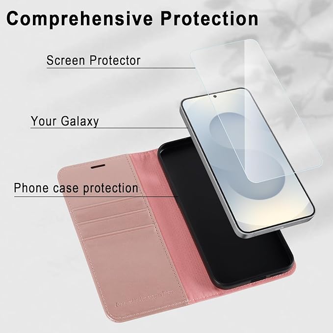 MONASAY Wallet Case Fit for Samsung Galaxy S25 5G, [Lens & Glass Screen Protector Included] [RFID Blocking] Flip Folio Leather Cell Phone Cover with Credit Card Holder, 6.2 inch, Rosegold