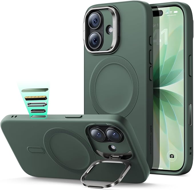 ESR Silicone Case for iPhone 17, Built-in Camera Stash Stand Compatible with MagSafe, Military-Grade Drop Protection Magnetic Phone Case for iPhone 17, Cloud Series, Olive Green