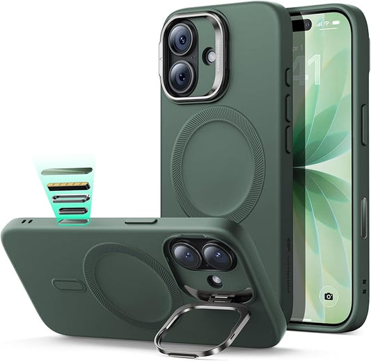 ESR Silicone Case for iPhone 17, Built-in Camera Stash Stand Compatible with MagSafe, Military-Grade Drop Protection Magnetic Phone Case for iPhone 17, Cloud Series, Olive Green