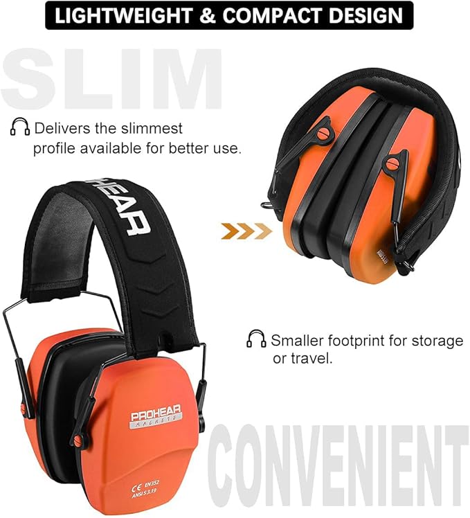 PROHEAR 016 Ear Protection Safety Earmuffs for Shooting, NRR 26dB Hearing Protector with Low-Profile Earcups, Compact Foldable Ear Defenders for Gun Range, Hunting (Orange)