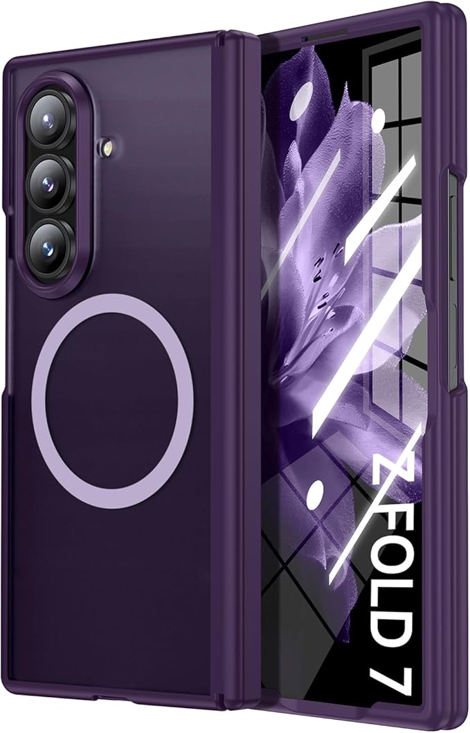 Slim for Samsung Galaxy-Z-Fold-7 Case: Compatible with Magsafe | Built-in Screen Protector [Anti-Scratch] Hinge Guard | Women Men Shockproof Translucent Matte Phone Cover for Z Fold7 5G 2025(Purple)