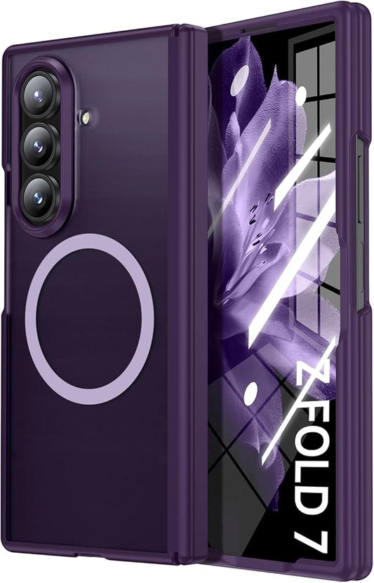 Slim for Samsung Galaxy-Z-Fold-7 Case: Compatible with Magsafe | Built-in Screen Protector [Anti-Scratch] Hinge Guard | Women Men Shockproof Translucent Matte Phone Cover for Z Fold7 5G 2025(Purple)
