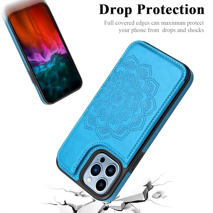 MMHUO for iPhone 14 Pro Max Case with Card Holder,Flower Magnetic Buttons Protective Wallet Case for Women for iPhone 14 Pro Max,Blue
