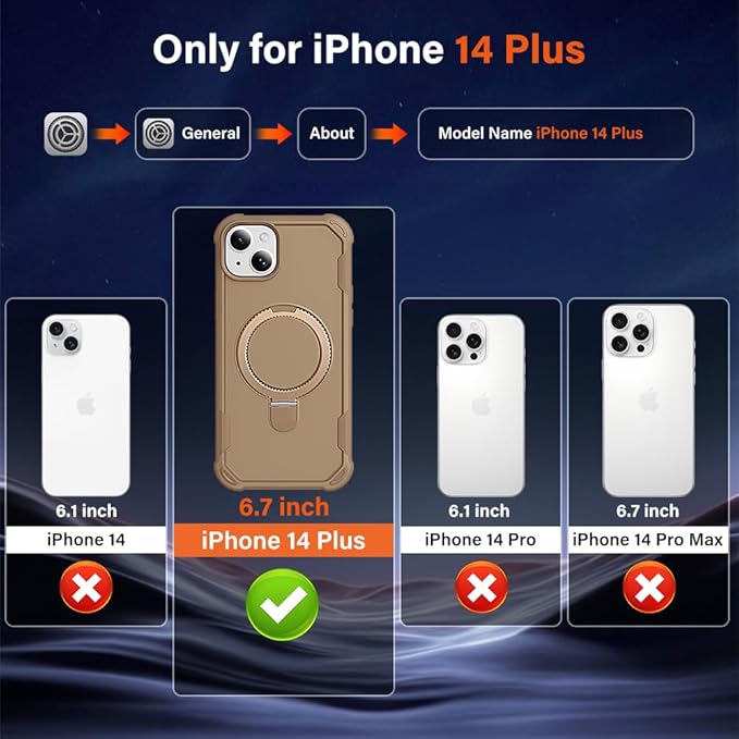 Designed for iPhone 14 Plus Case with Magnetic Stand [Military Drop Protection][Compatible with Magnet] Shockproof 14 Plus Phone Case with Ring Holder, Khaki