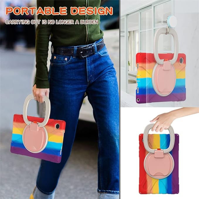 360 Rotation Case for Samsung Galaxy Tab A8 10.5" Sturdy Cover Rotate Ring Stand Shoulder Carrying Strap Hand Strap Rugged Children Adults Outdoor Case, Colourful Red