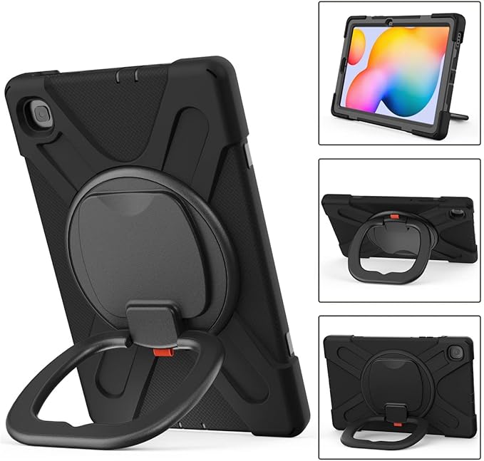 360 Rotation Case for Samsung Galaxy Tab S6 Lite 10.4" Sturdy Cover Rotate Ring Stand Shoulder Carrying Strap Hand Strap Rugged Children Adults Outdoor Case (Black)