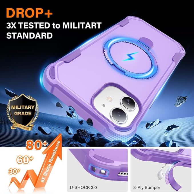 Designed for iPhone 12 & 12 Pro Case with Magnetic Stand [Military Drop Protection][Compatible with Magnet] Shockproof 12 & 12 Pro Phone Case with Ring Holder, Purple
