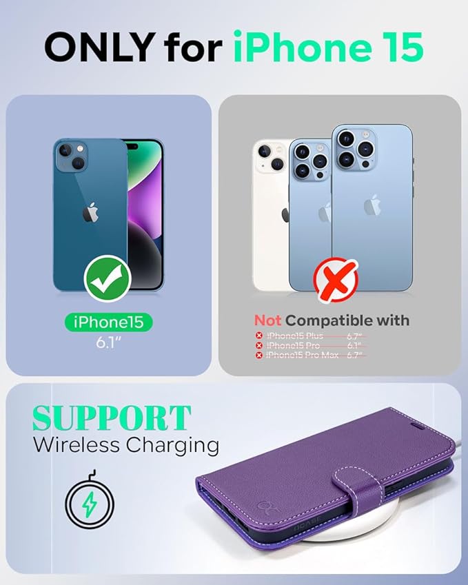 OCASE Compatible with iPhone 15 Wallet Case, PU Leather Flip Folio Case with Card Holders RFID Blocking Kickstand [Shockproof TPU Inner Shell] Phone Cover 6.1 Inch 2023, Litchi Purple