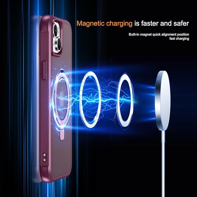 Magnetic Compatible with iPhone 14 Case with Stand [Military Grade Drop Tested][Compatible with Magnet] Ring Translucent Slim Hard Back Soft Edge, Wine Red