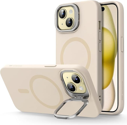 ESR for iPhone 15 Plus Case, MagSafe Silicone Case with Stand, Military-Grade Protection, Built-in Camera Stash Stand, Magnetic Phone Case for iPhone 15 Plus, Cloud Series,Light Tan