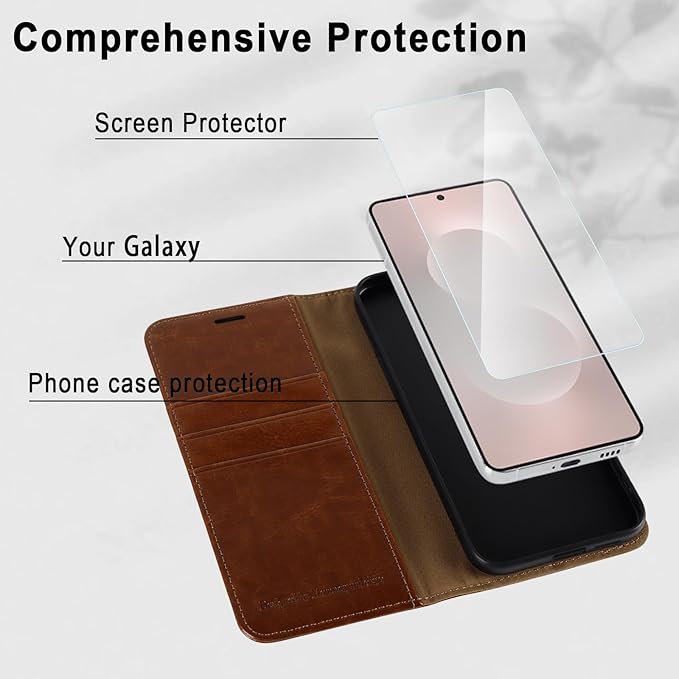 MONASAY Wallet Case Fit for Samsung Galaxy S25 Edge 5G，[Lens & Glass Screen Protector] [RFID Blocking] Flip Folio Leather Cell Phone Cover with Credit Card Holder, 6.7 inch, Brown