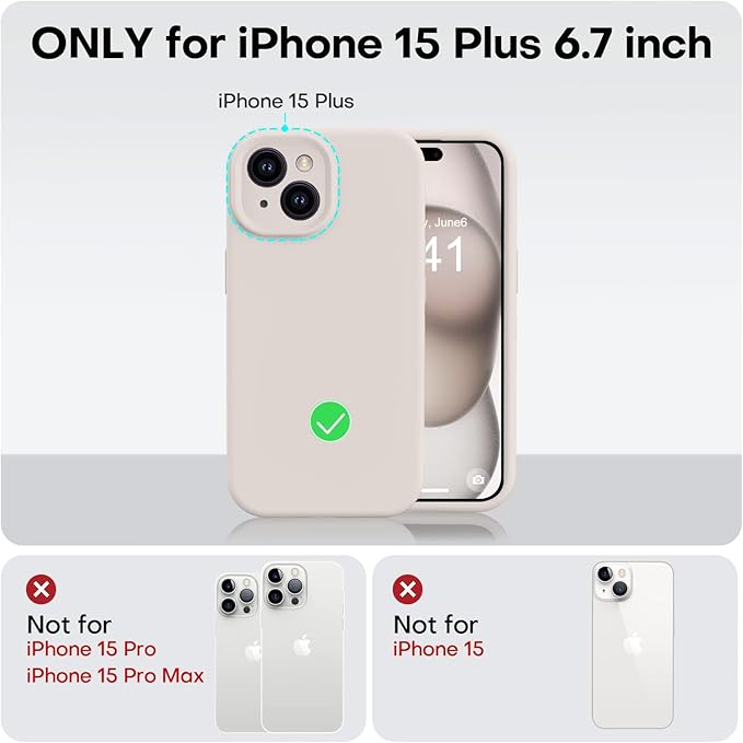 Vooii Compatible with iPhone 15 Plus Case, Upgrade Liquid Silicone [Enhanced Camera Protection] [Soft Anti-Scratch Microfiber Lining] Shockproof Phone Case for iPhone 15 Plus 6.7 inch - Stone