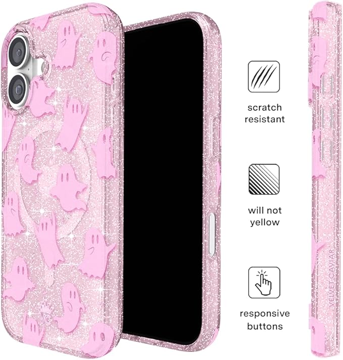VELVET CAVIAR Case for iPhone 17 | Compatible with MagSafe | 10ft Drop Tested | Protective Halloween Cases | Ghosted Pink Glitter