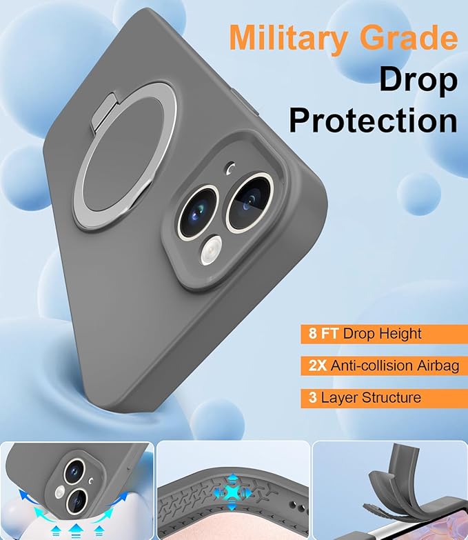 ZHK Liquid Silicone Designed for iPhone 14 Plus Case with Magnet Stand, [Precise Camera Lens Protection][Mil-Grade Drop Shockproof][Soft Anti-Scratch Microfiber Lining] Slim Fit Cover, Grey