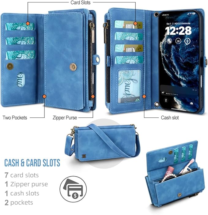 for iPhone 17 Pro Wallet Phone Case with 7 Card Holder,RFID Blocking | PU Leather | Kickstand | Flip | Wrist Strap&Shoulder Strap | Shockproof | Zipper Wallet | Women Men | 6.3" | Sky Blue