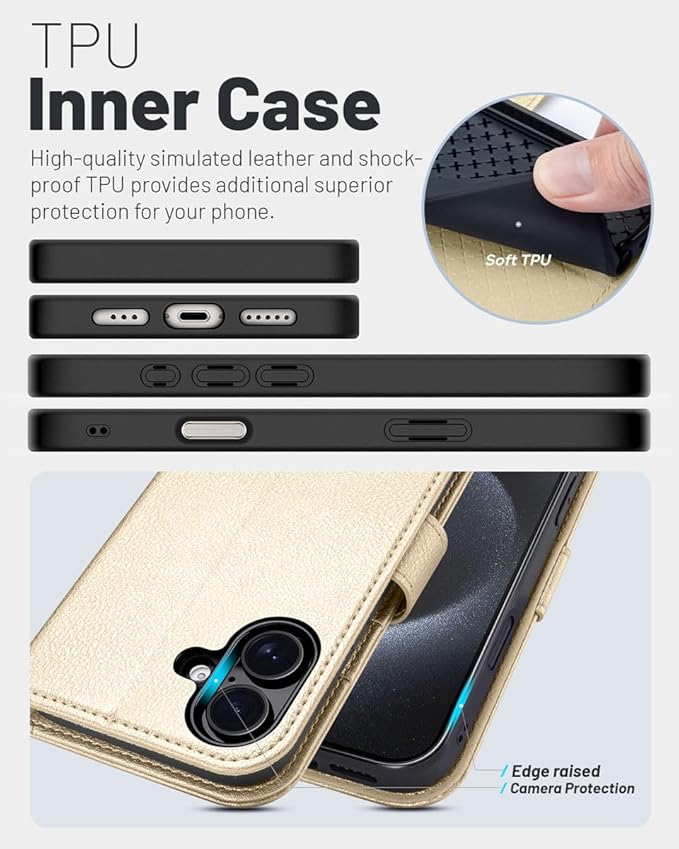 OCASE Compatible with iPhone 16 Wallet Case, PU Leather Flip Folio Case with Card Holders RFID Blocking Kickstand [Shockproof TPU Inner Shell] Phone Cover 6.1 Inch 2024, Gold