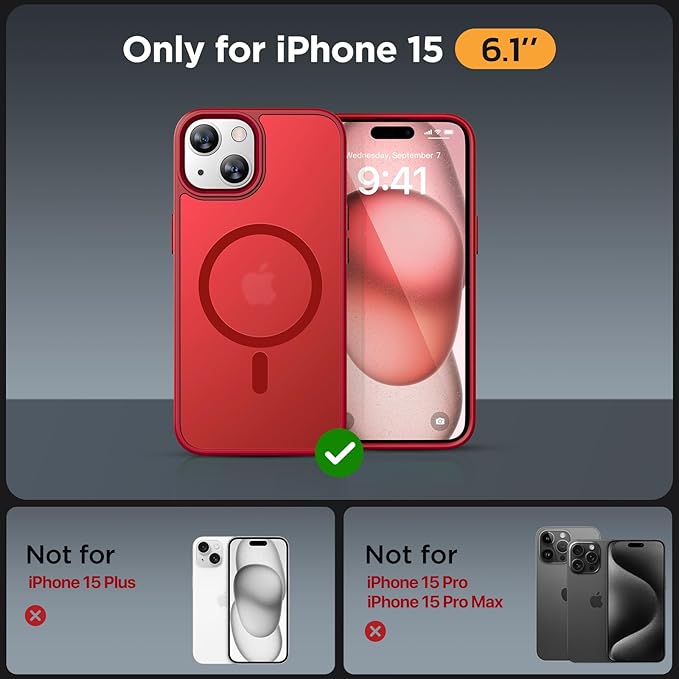 Miracase Magnetic for iPhone 15 Case (Compatible with MagSafe)（with 2X Screen Protectors） Military-Grade Protection, Anti-Fingerprint Translucent Matte Phone Cover for iPhone 15 6.1 inch, Red