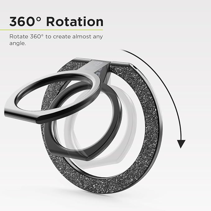 PureGear Magnetic Phone Grip Ring Stand, Magnetic Phone Ring Holder for MagSafe iPhone 16, 16Pro, 16Plus, 16ProMax, 15, 15Plus, 14, 14ProMax, 13, 12, Adjustable Kickstand(Brushed Black Glitter)