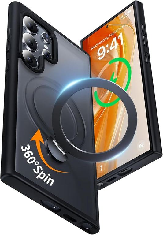 for Samsung Galaxy S24 Ultra Case,Compatible with Magsafe [Wireless Charging],with 360°Rotatable Magnetic Ring Stand,Matte Translucent Slim Soft Edge Phone Kickstand,Black