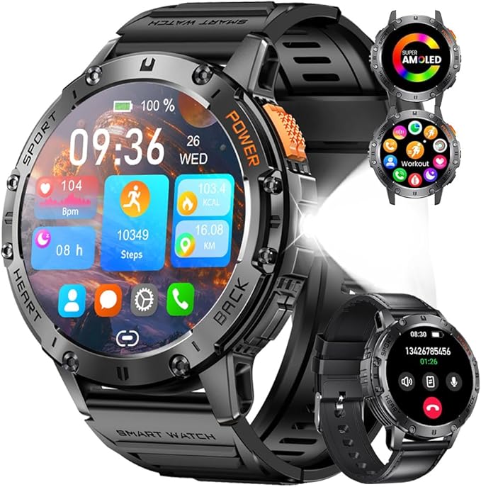 Military Smart Watches for Men(Answer/Make Calls) with LED Flashlight,530mAh Large Battery,1.43’’ AMOLED Fitness Tracker Heart Rate/SpO2/Sleep Monitor 5ATM Smartwatch for Android iOS,Silicone