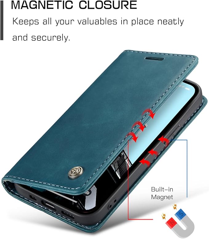 for iPhone 14 Pro Case, Flip Wallet Leather Case with Card Holder Magnetic Closure Shockproof Kickstand Protective Phone Cases Cover for iPhone 14 Pro, Blue-Green