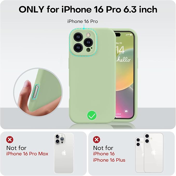 Vooii Compatible with iPhone 16 Pro Case, Liquid Silicone Upgrade [Camera Protection] [Soft Anti-Scratch Microfiber Lining] Shockproof Phone Case for iPhone 16 Pro 6.3 inch - Matcha