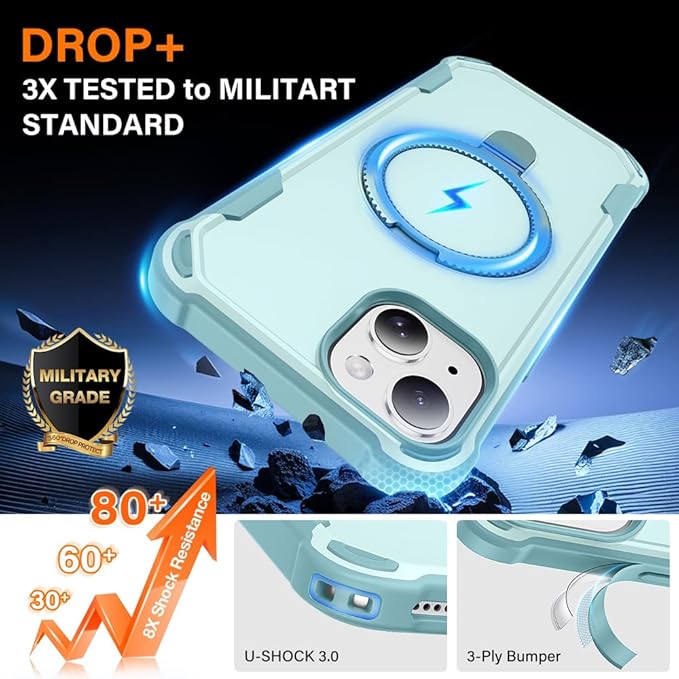 Designed for iPhone 14 Plus Case with Magnetic Stand [Military Drop Protection][Compatible with Magnet] Shockproof 14 Plus Phone Case with Ring Holder, Green