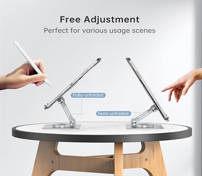 Tablet Stand Adjustable with 360° Swivel Base Aluminum Tablet Stand Holder for iPad/Samsung/iPad Pro Air Mini/Galaxy/Switch, Sliver