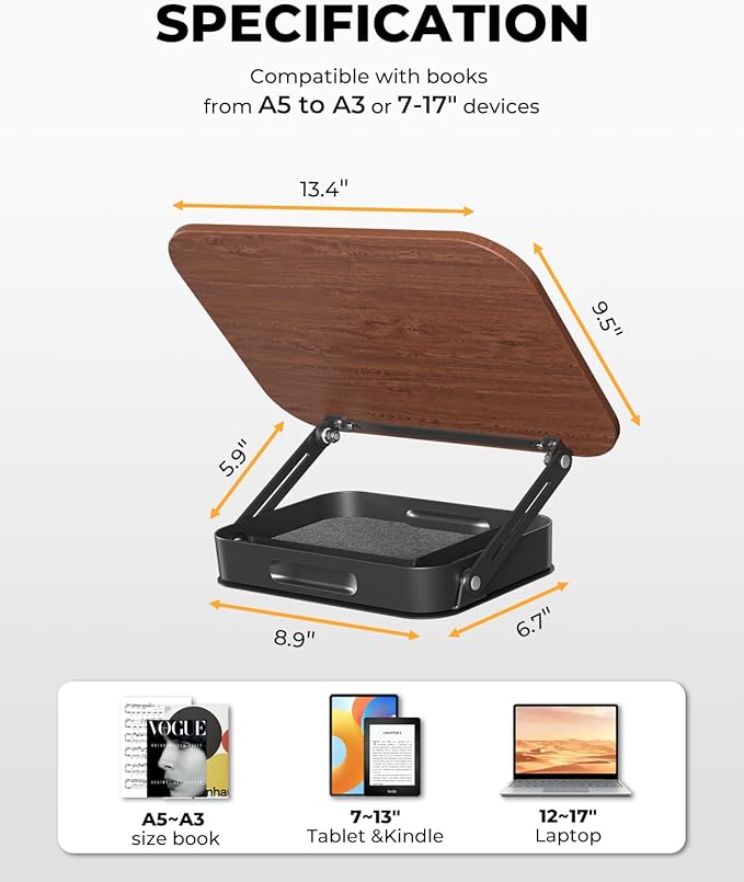Adjustable Book Stand for Reading with Storage – 360° Rotating Base, Height Adjustable, Extra-Wide Page Clips for Thick Books – Portable Desk Book Holder for Study, Bed, Office, Kitchen (Dark Wood)